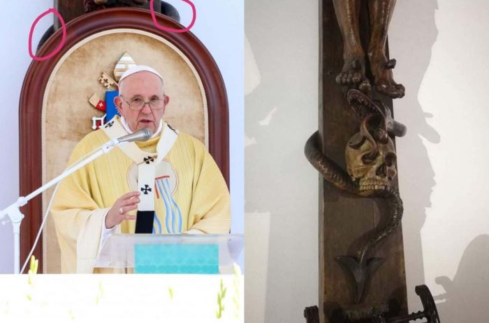 Pápež František celebroval omšu na námestí v Budapešti s okultným krížom za chrbtom